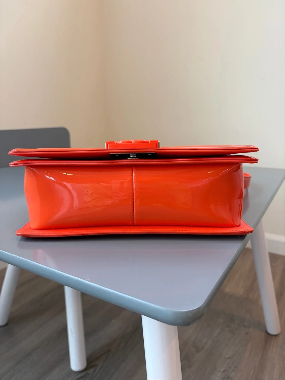 CHANEL Orange Quilted Patent Leather Crossbody Boy Bag